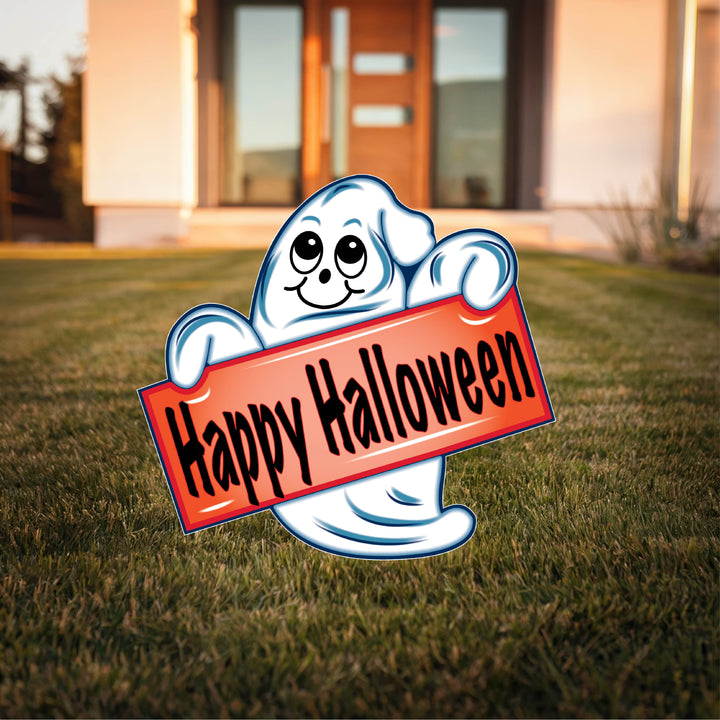 Ghost with Happy Halloween Sign