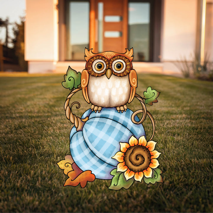 Checkered Turquoise Pumpkin with an Owl on Top Fall Yard Art Decoration