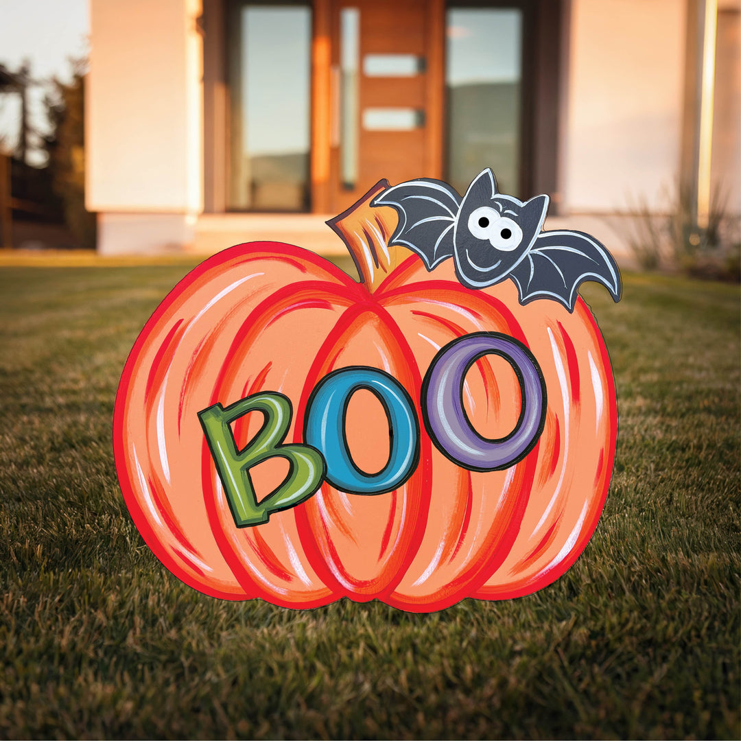 Boo Pumpkin with Bat Halloween Yard Art