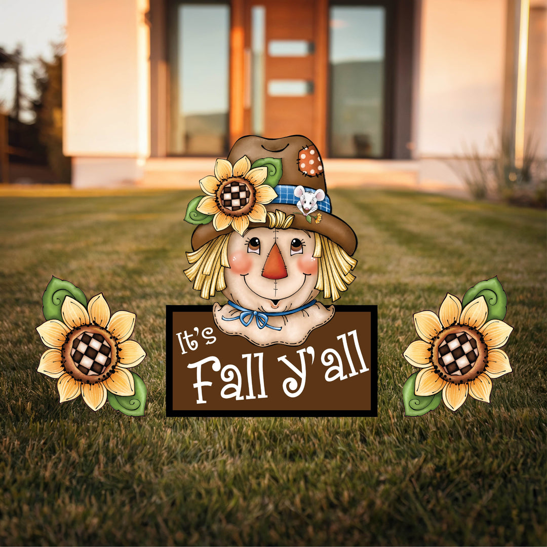Scarecrow Face with Sign Fall Yard Art with sunflower accents