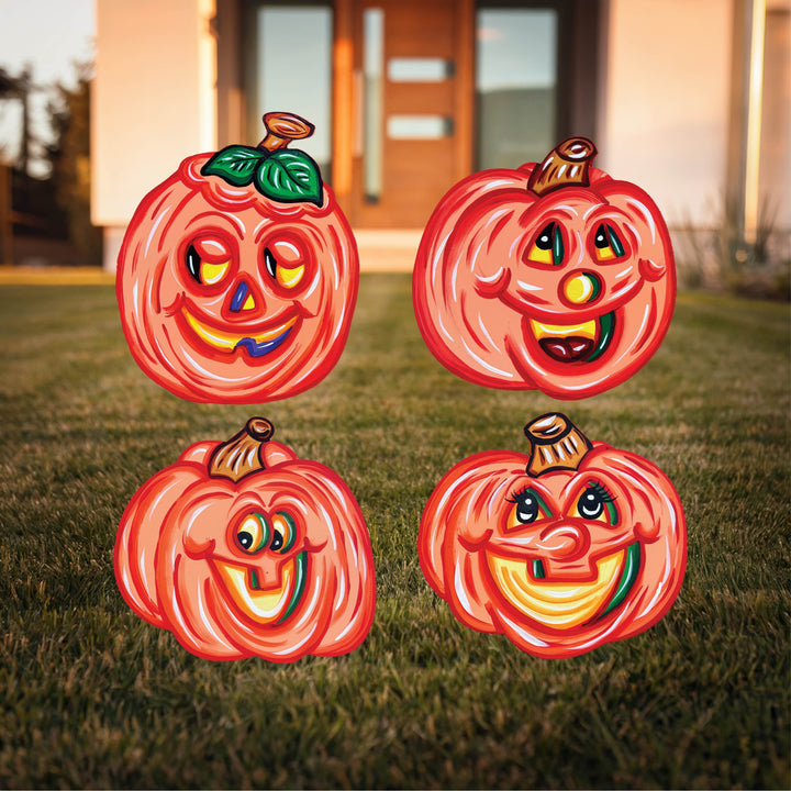 Set of Funny Pumpkin Face Yard Signs – Primitive Halloween Garden Décor | Outdoor Fall Pumpkin Decorations