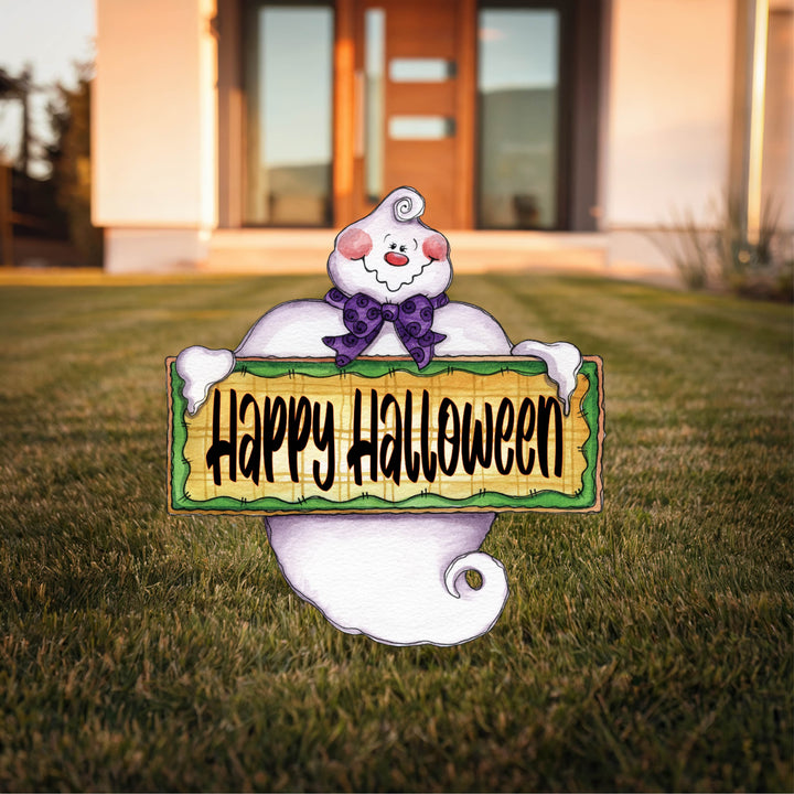 Ghost Holding Happy Halloween Sign