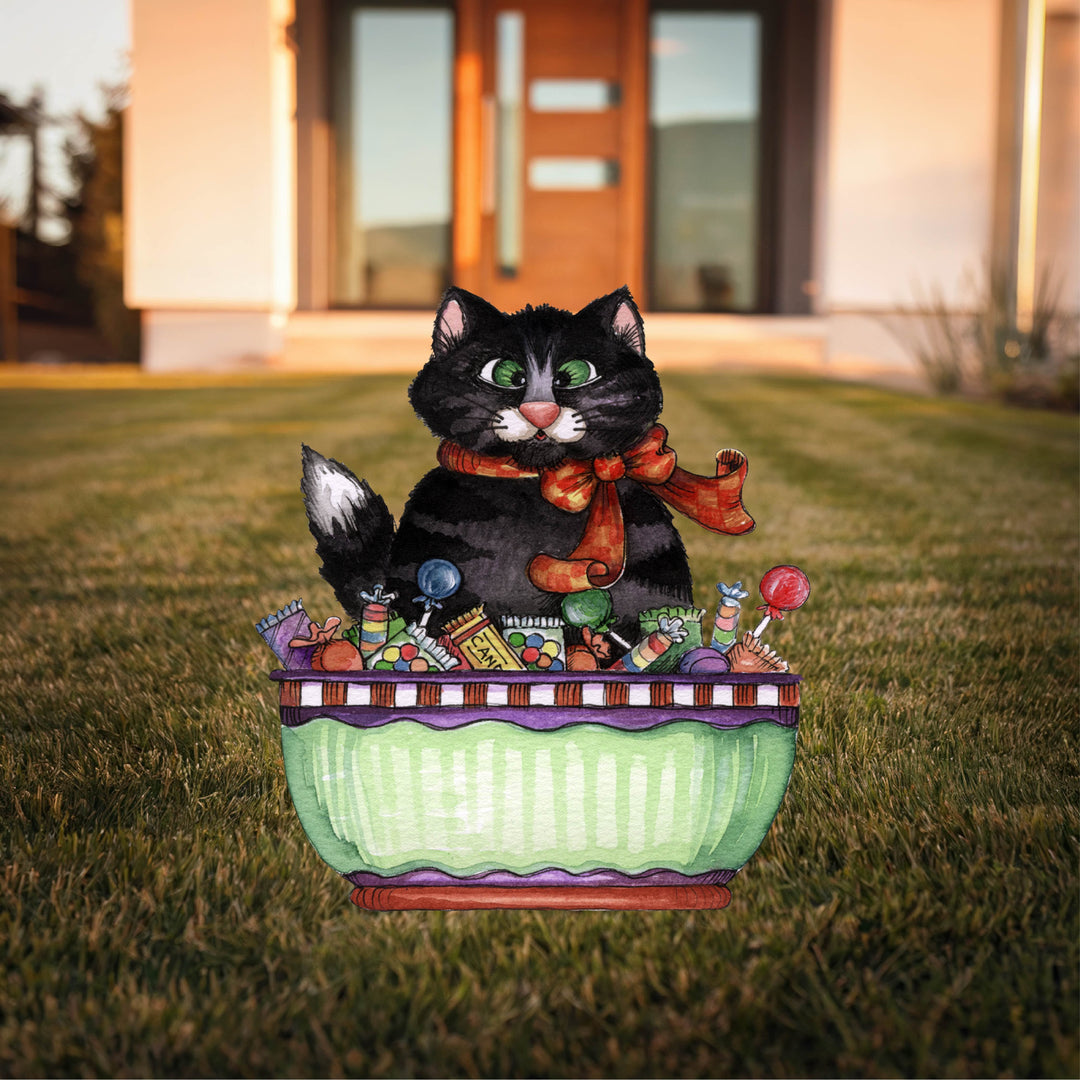 Kitty Cat Sits On A Bowl Of Candy Halloween Yard Art