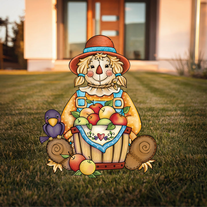 Scarecrow Sits with Apple Basket Fall Yard Art Decoration