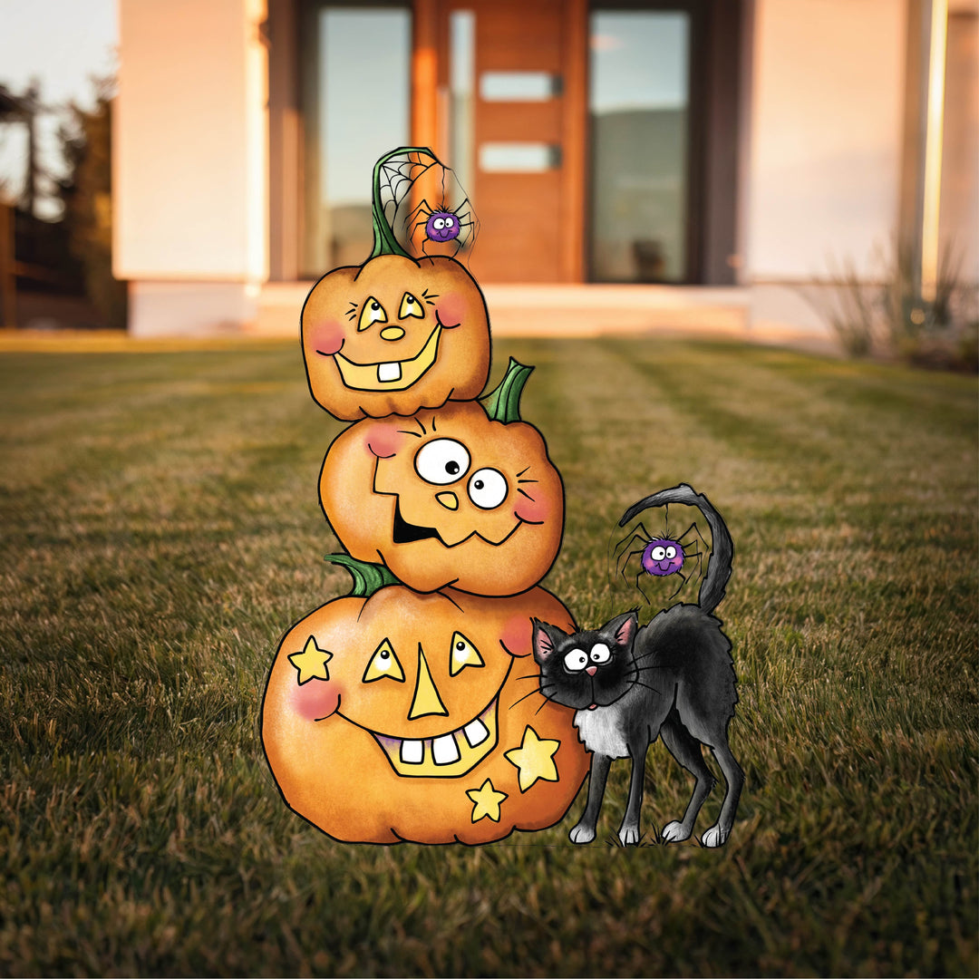 Three Smiling Pumpkins with Black Cat and Two Spiders Yard Art Decoration