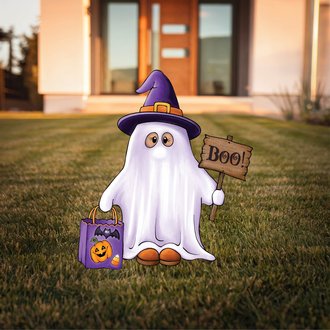 Ghost holds Boo Sign Halloween Yard Art