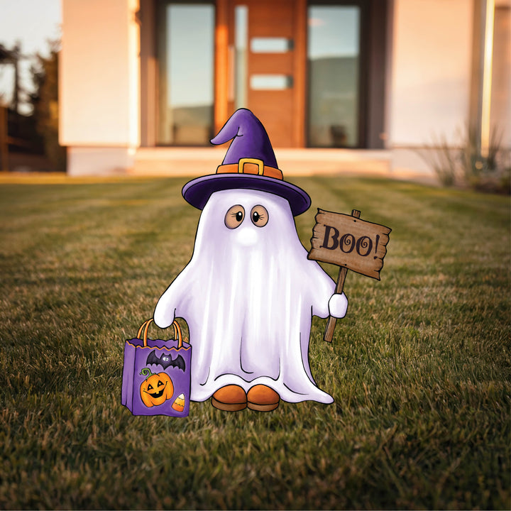 Ghost holds Boo Sign Halloween Yard Art