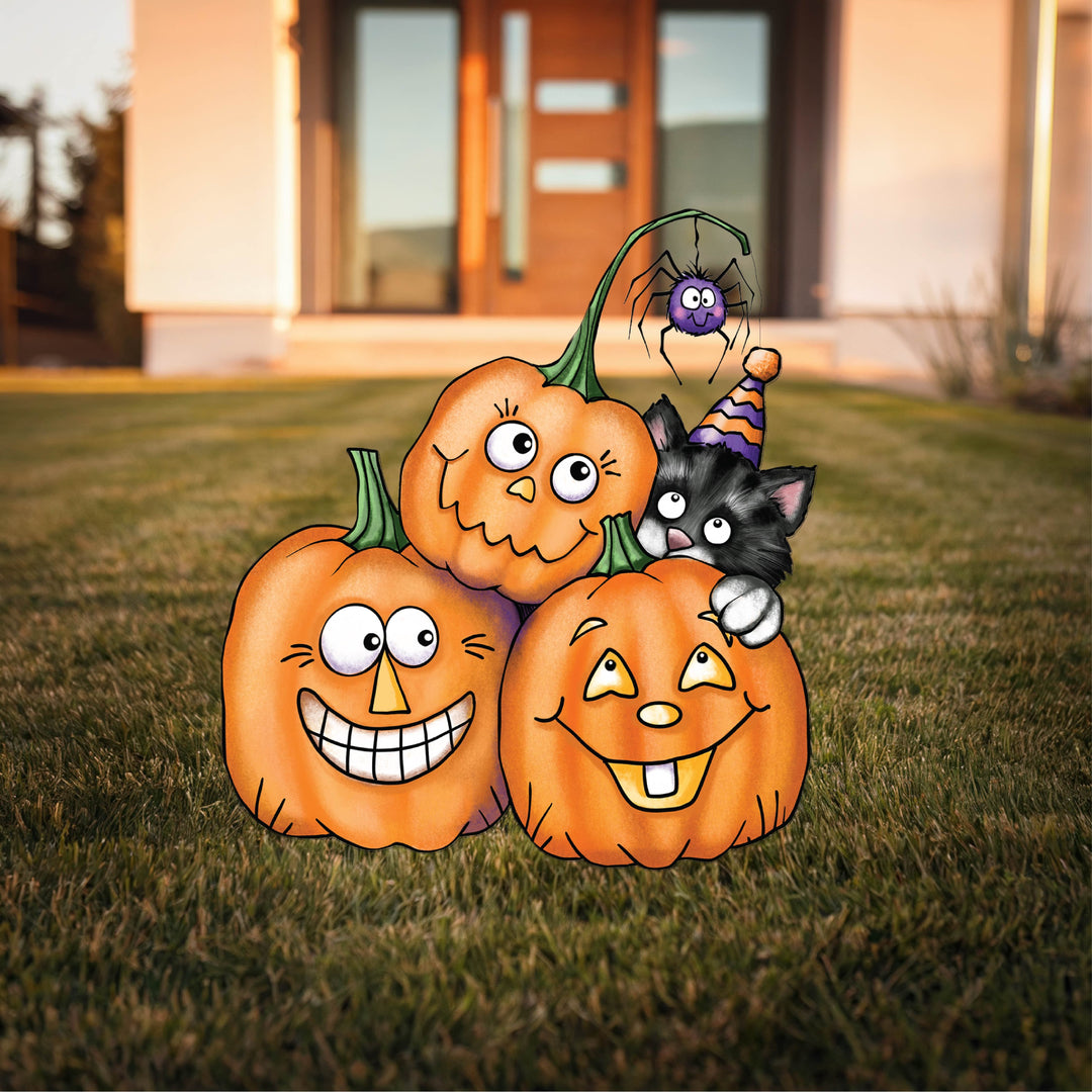 Pumpkin Trio with Black Cat Yard Art Decoration with Candy corn signs