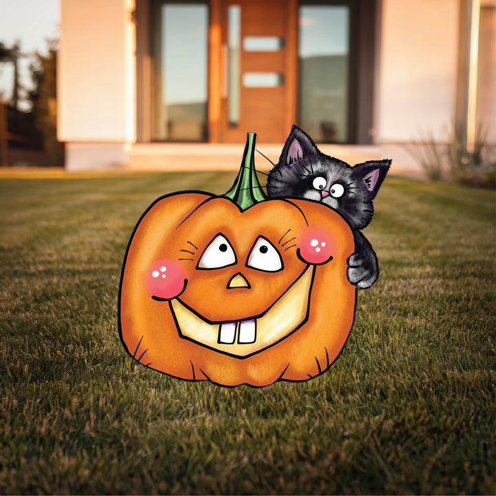 Smiling Pumpkin Black Cat Peeking Yard Art Decoration