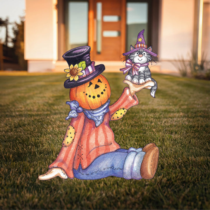 Sitting Scarecrow Holds A Cat Halloween Yard Art