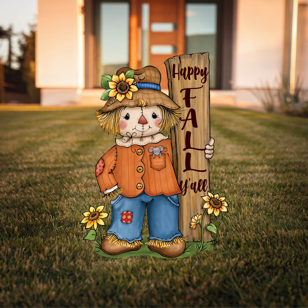 Scarecrow Hugs Wood Sign Fall Yard Art with Fall Pumpkins