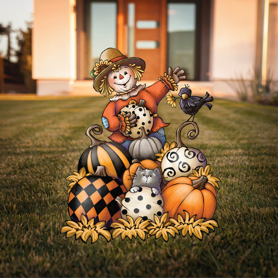 Scarecrow Sits on a Bed of Pumpkins Sign Fall Yard Art Decoration