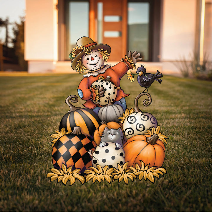 Scarecrow Sits on a Bed of Pumpkins Sign Fall Yard Art Decoration