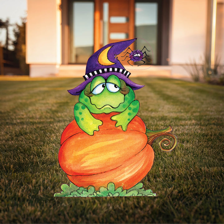 Frog Sits on A Pumpkin Halloween Yard Art