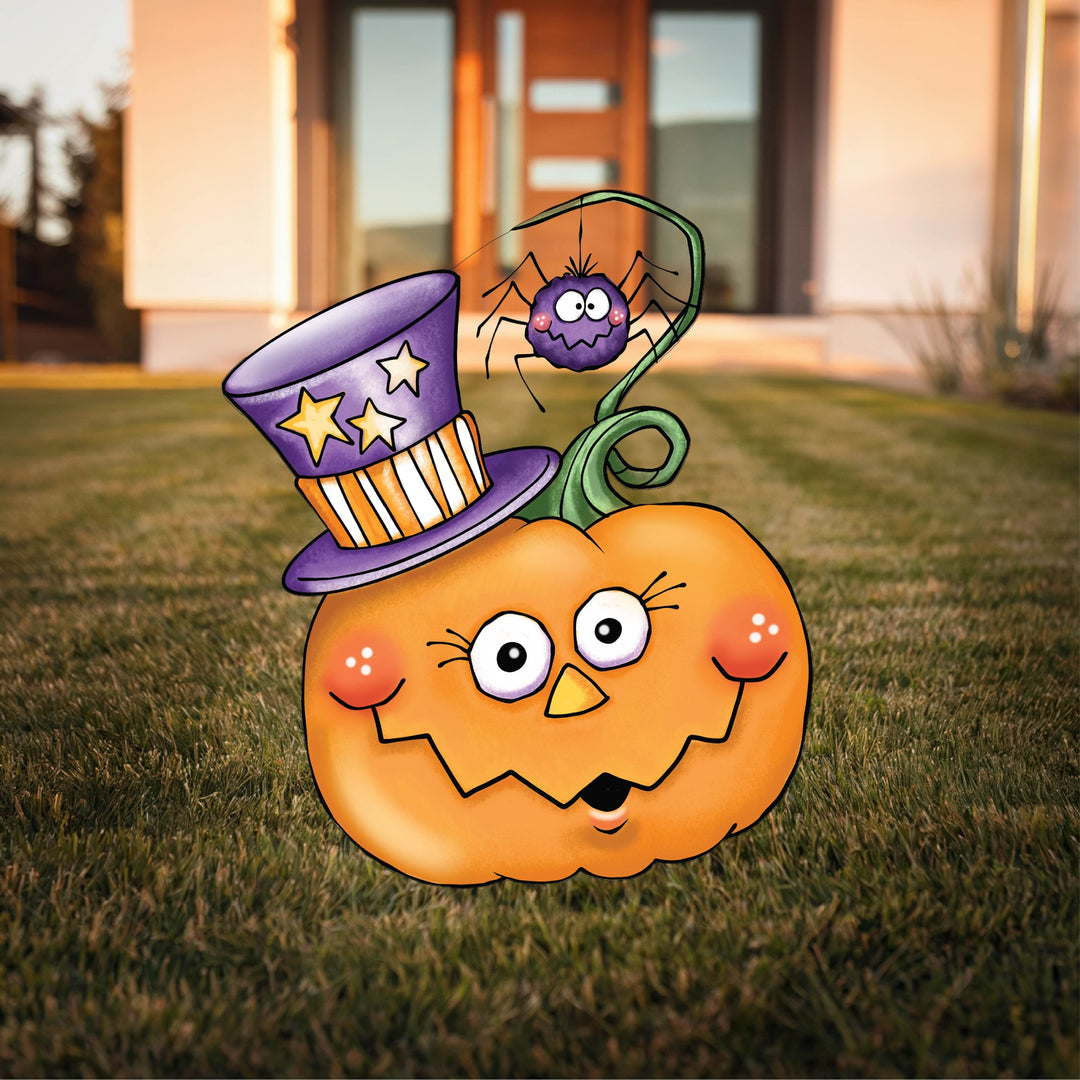 Smiling Pumpkin Hanging Spider Yard Art Decoration
