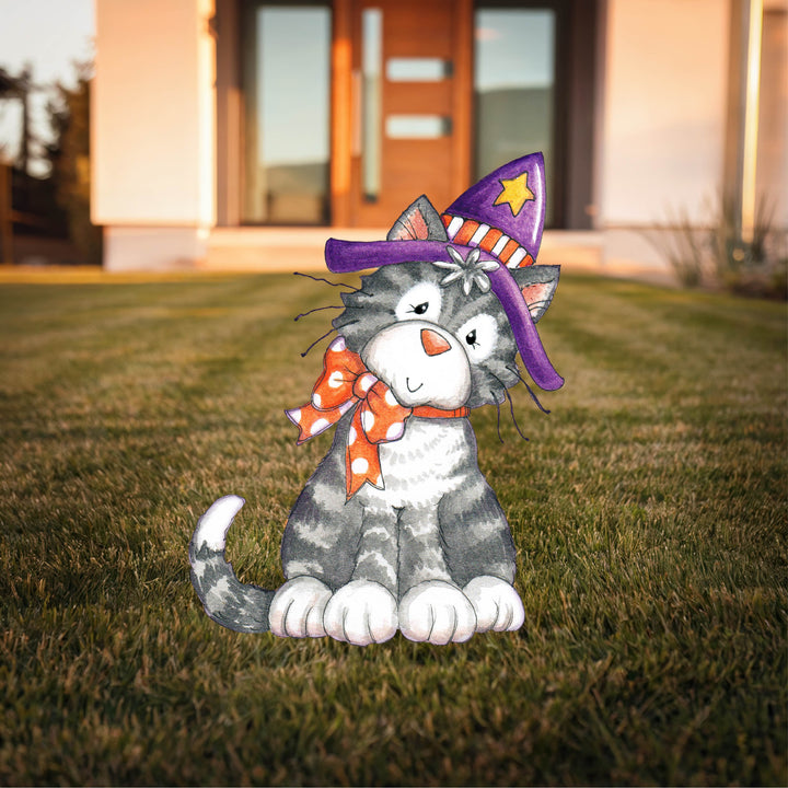 Gray Cat Witch Hat Halloween Yard Art