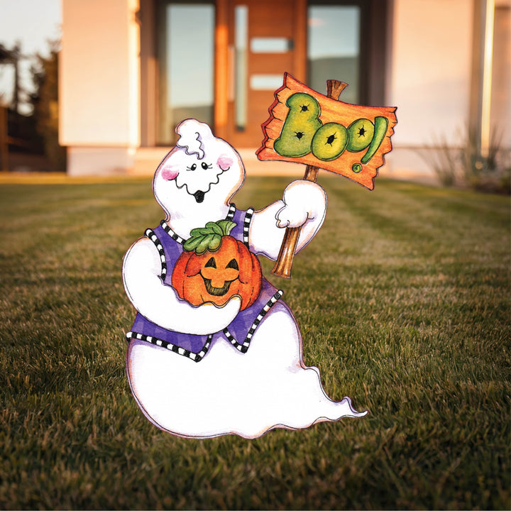 Ghost holds Wooden Sign Halloween Yard Art