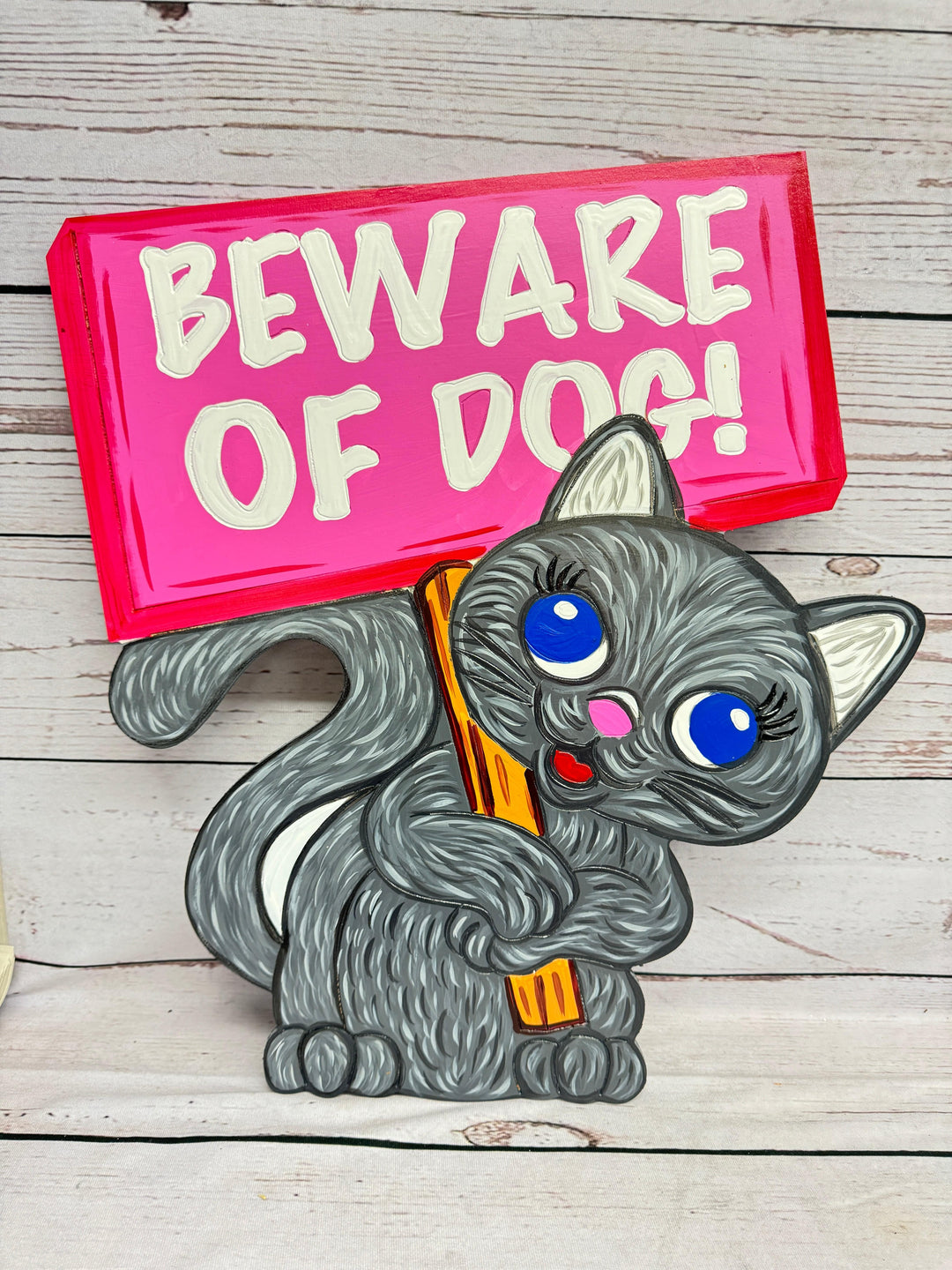 Friendly Kitty Cat Holds a Beware of Dog Sign Yard Art Decoration