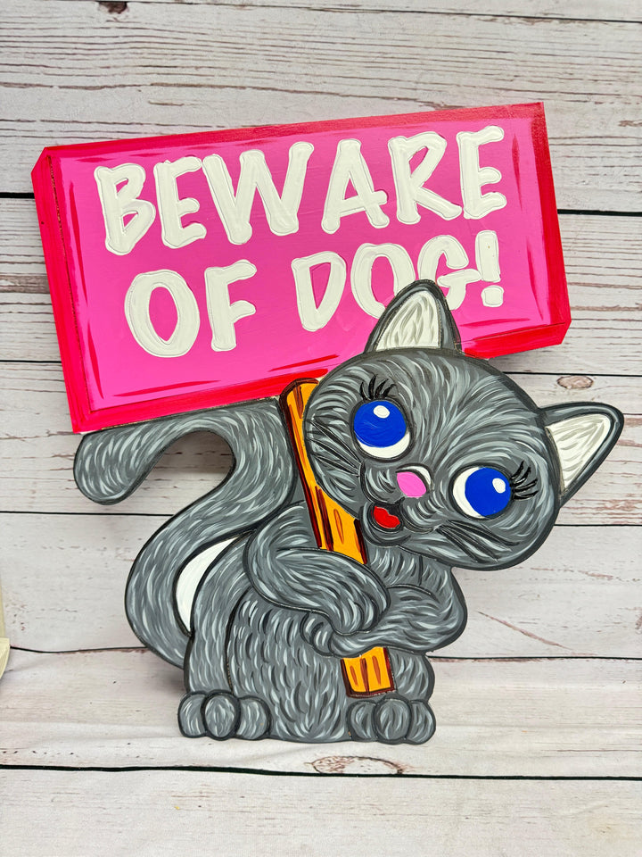 Friendly Kitty Cat Holds a Beware of Dog Sign Yard Art Decoration