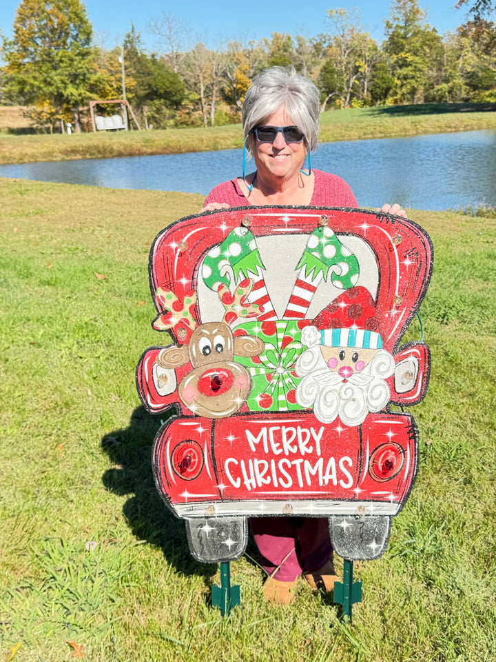 Christmas Yard Décor | Santa & Rudolph in Red Truck Wooden Outdoor Sign