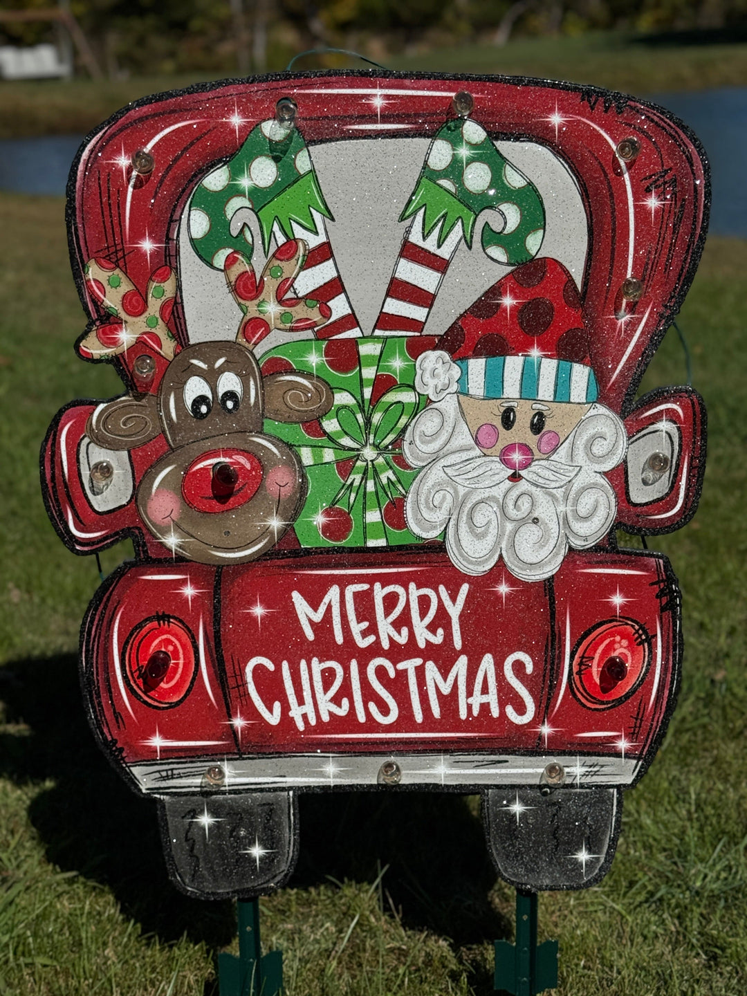 Christmas Yard Décor | Santa & Rudolph in Red Truck Wooden Outdoor Sign