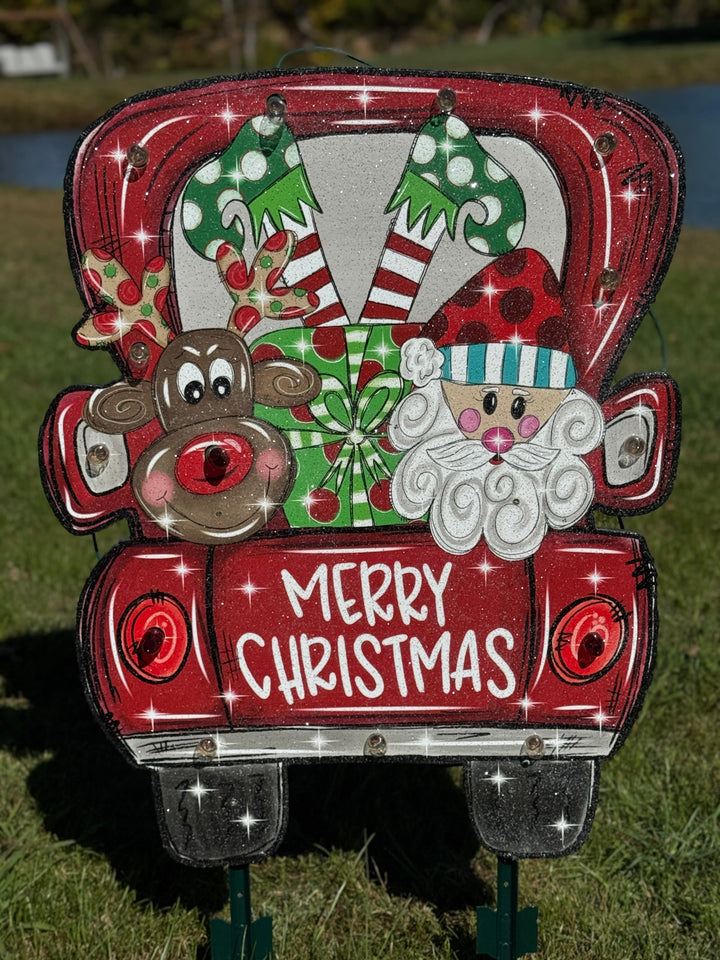 Christmas Yard Décor | Santa & Rudolph in Red Truck Wooden Outdoor Sign