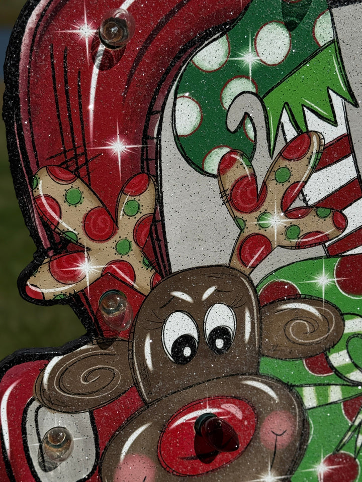 Christmas Yard Décor | Santa & Rudolph in Red Truck Wooden Outdoor Sign