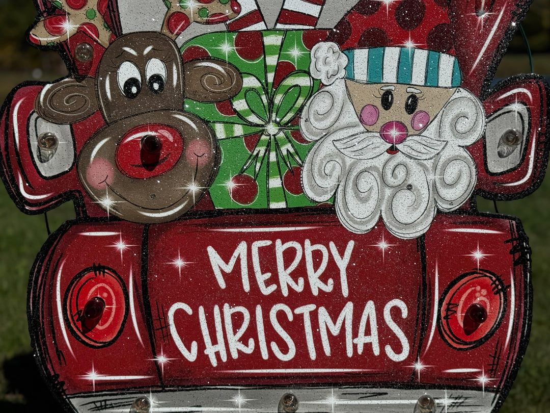 Christmas Yard Décor | Santa & Rudolph in Red Truck Wooden Outdoor Sign