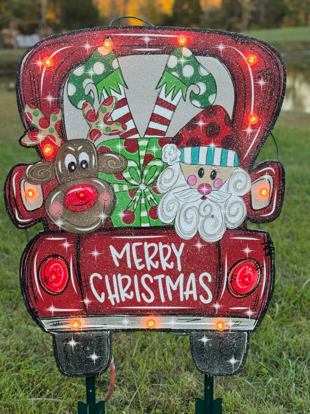 Christmas Yard Décor | Santa & Rudolph in Red Truck Wooden Outdoor Sign