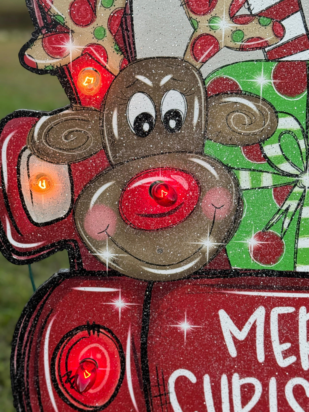 Christmas Yard Décor | Santa & Rudolph in Red Truck Wooden Outdoor Sign