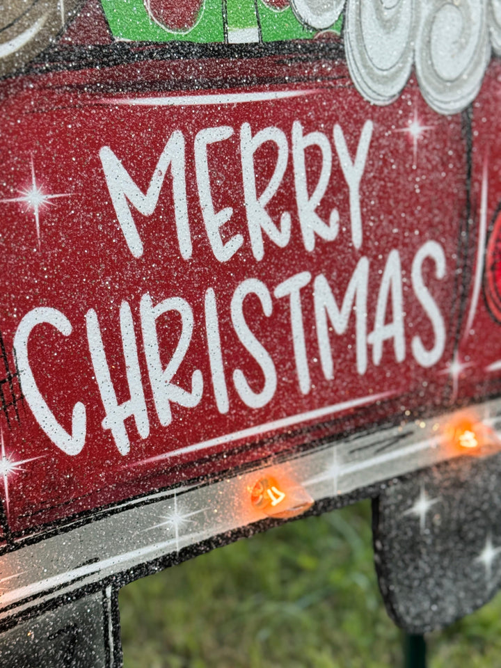 Christmas Yard Décor | Santa & Rudolph in Red Truck Wooden Outdoor Sign