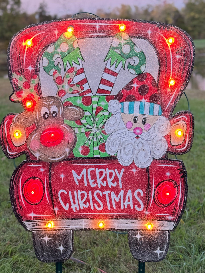 Christmas Yard Décor | Santa & Rudolph in Red Truck Wooden Outdoor Sign