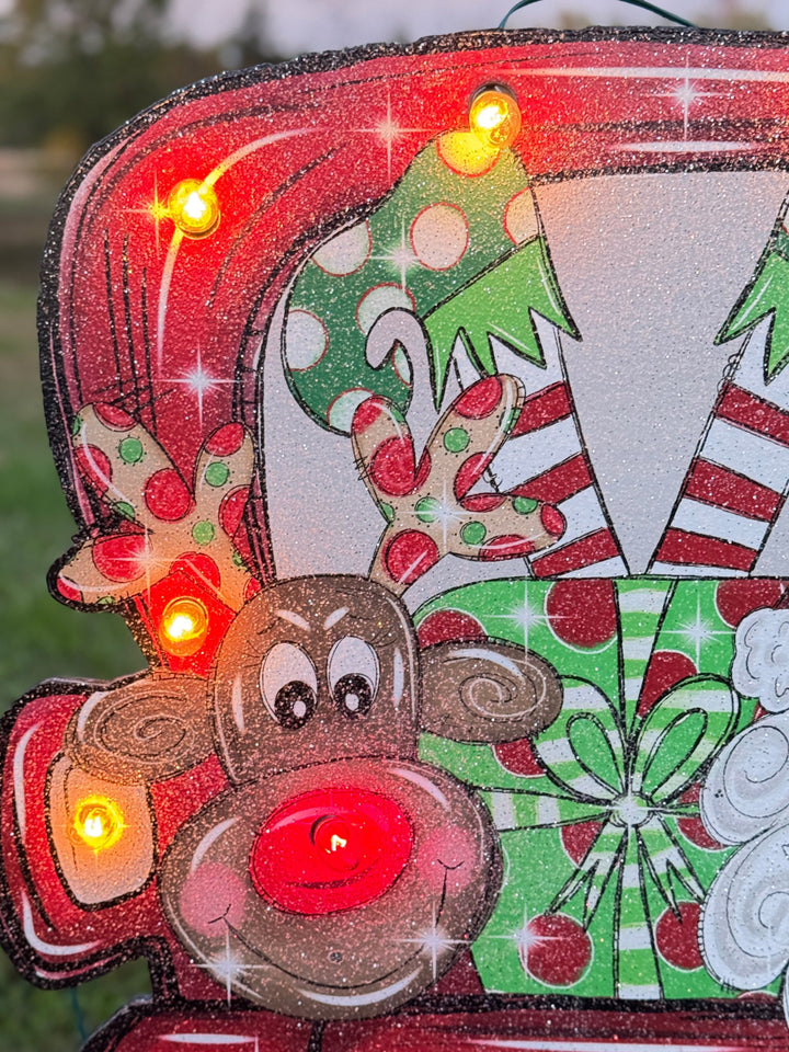 Christmas Yard Décor | Santa & Rudolph in Red Truck Wooden Outdoor Sign