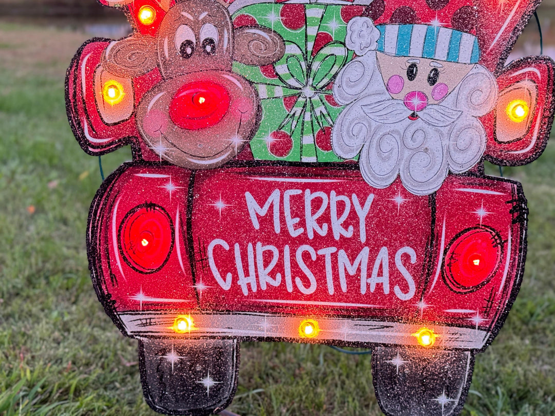 Christmas Yard Décor | Santa & Rudolph in Red Truck Wooden Outdoor Sign