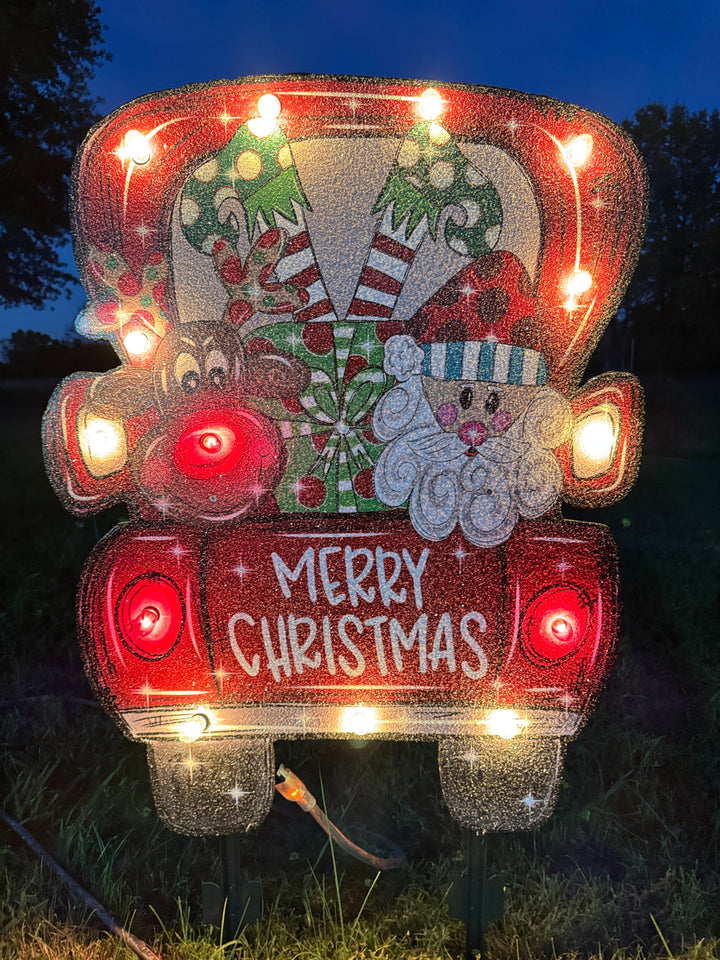Christmas Yard Décor | Santa & Rudolph in Red Truck Wooden Outdoor Sign