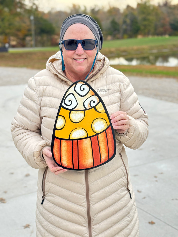 Autumn Garden Décor – Scarecrow Girl with Pumpkin & Candy Corn Yard Sign Set