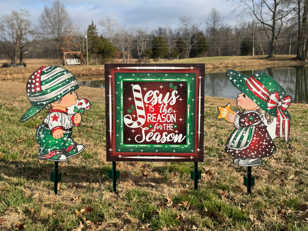 Christmas Boy and Girl Carolers with Jesus is the Reason Sign-Yard Decorations
