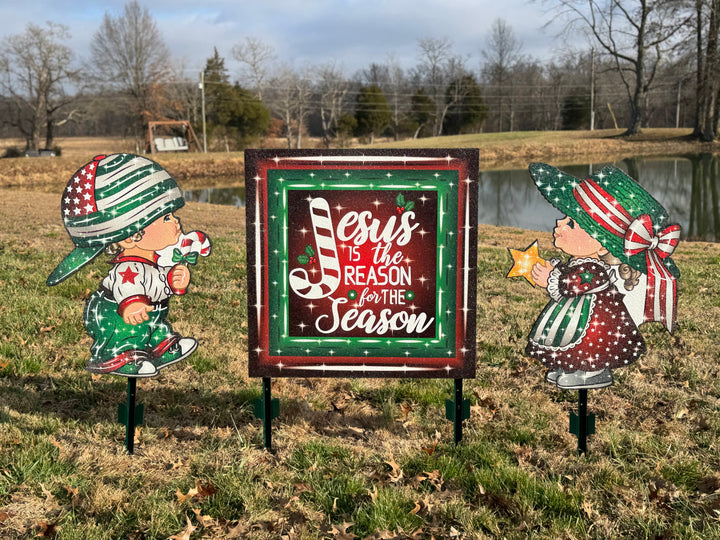 Christmas Boy and Girl Carolers with Jesus is the Reason Sign-Yard Decorations