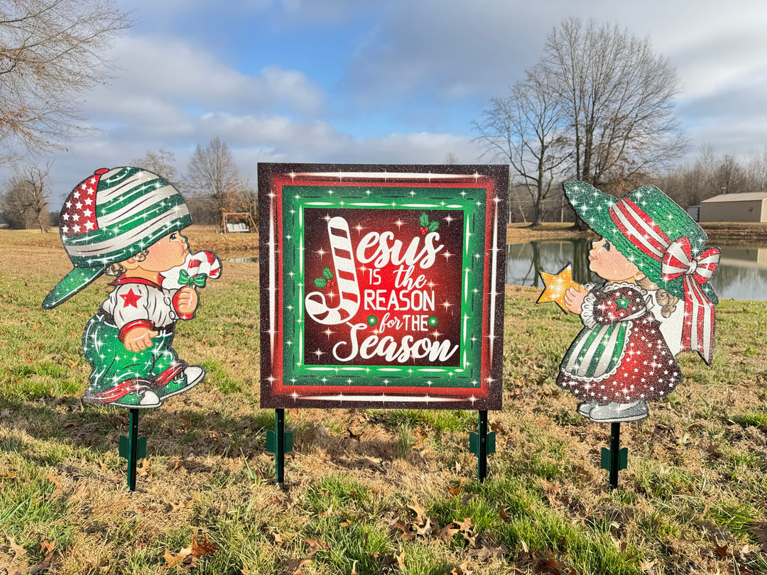 Christmas Boy and Girl Carolers with Jesus is the Reason Sign-Yard Decorations