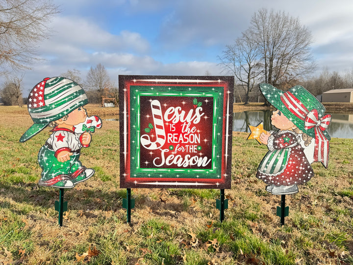 Christmas Boy and Girl Carolers with Jesus is the Reason Sign-Yard Decorations