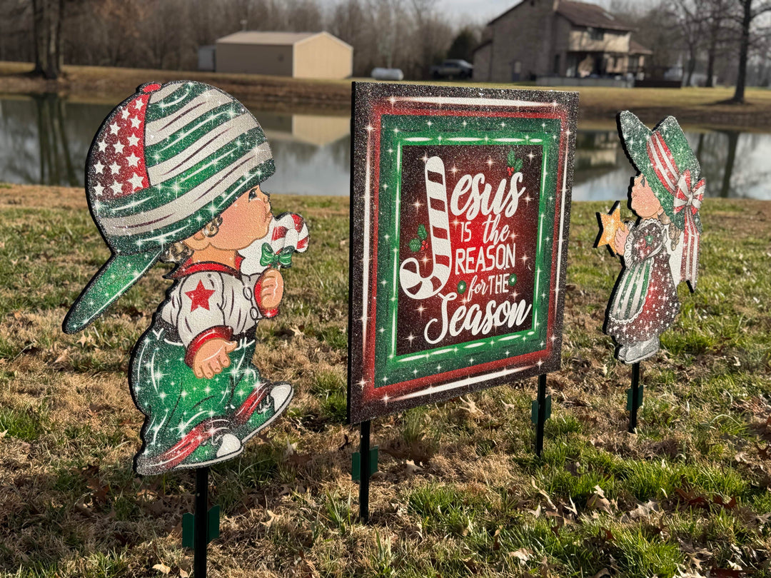 Christmas Boy and Girl Carolers with Jesus is the Reason Sign-Yard Decorations
