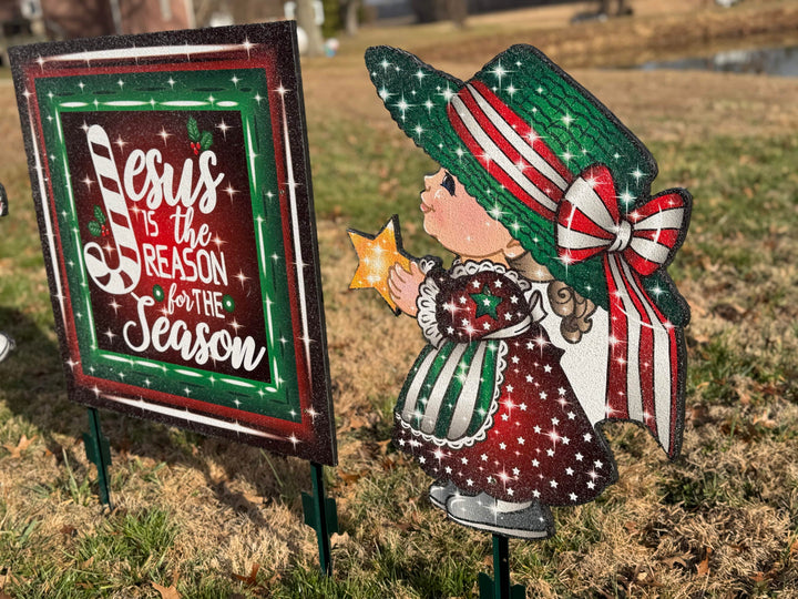 Christmas Boy and Girl Carolers with Jesus is the Reason Sign-Yard Decorations