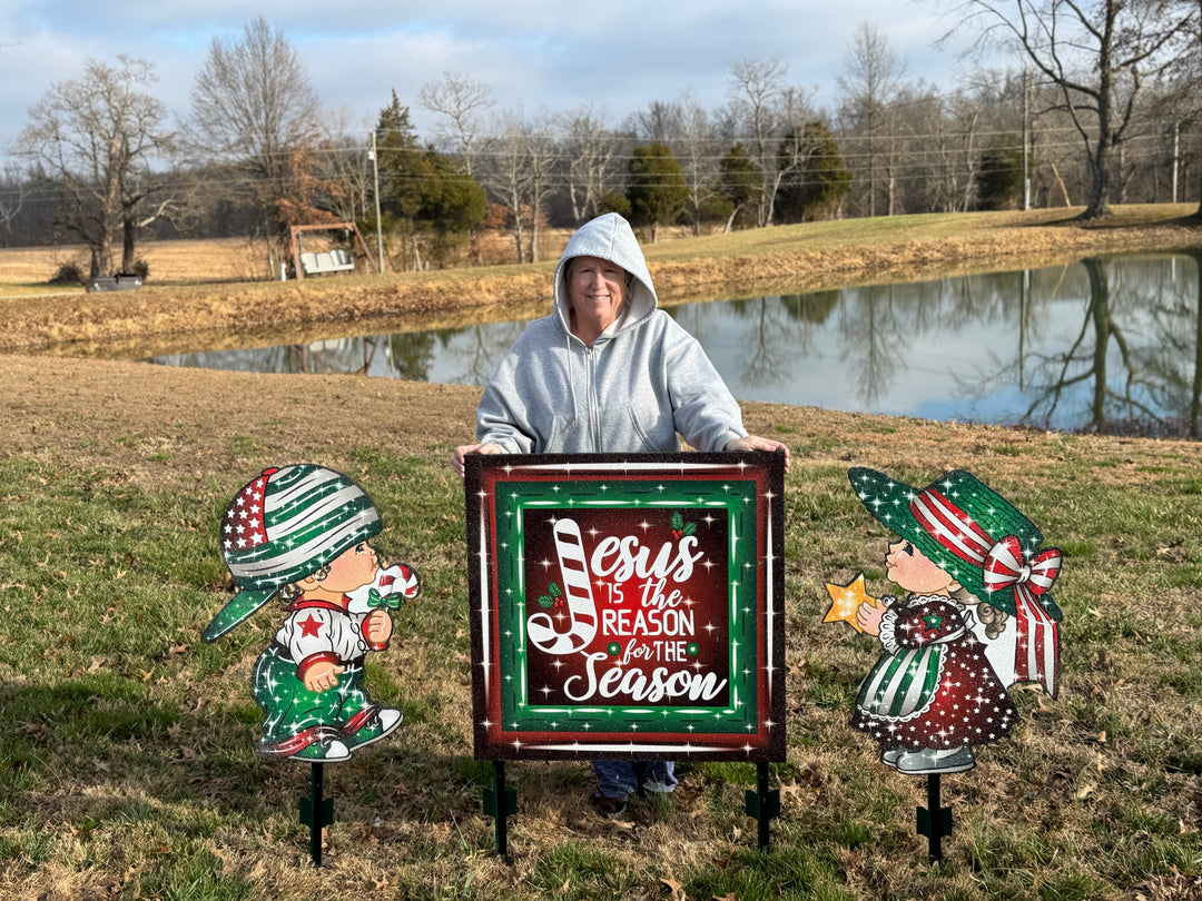 Christmas Boy and Girl Carolers with Jesus is the Reason Sign-Yard Decorations