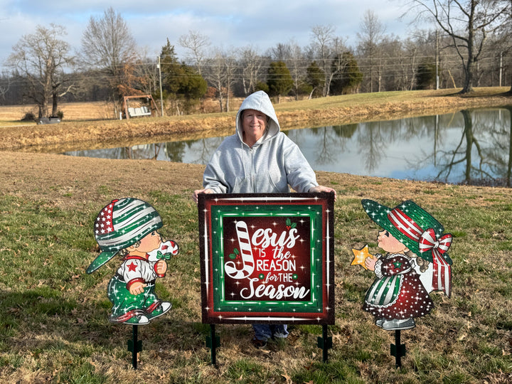 Christmas Boy and Girl Carolers with Jesus is the Reason Sign-Yard Decorations