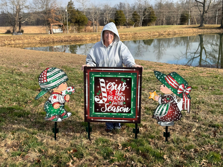 Christmas Boy and Girl Carolers with Jesus is the Reason Sign-Yard Decorations