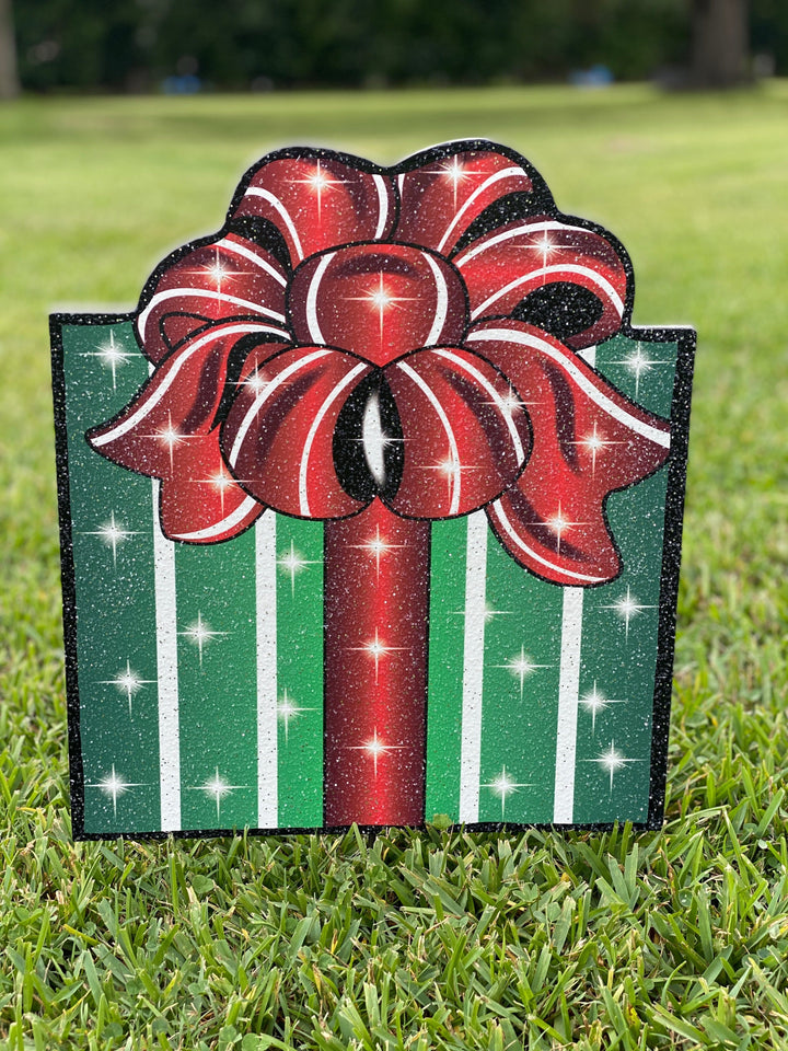 Christmas Present with Full Bow Yard Art 22" Tall Yard Signs