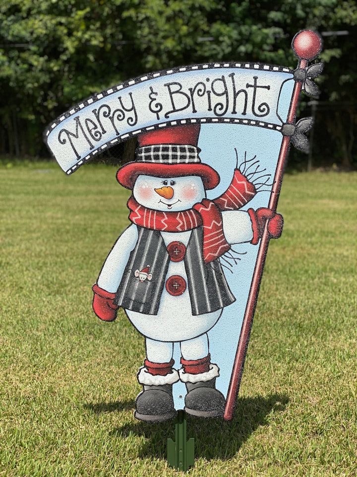 Sitting  Snowman with Merry and Bright Snowman Christmas Yard Art