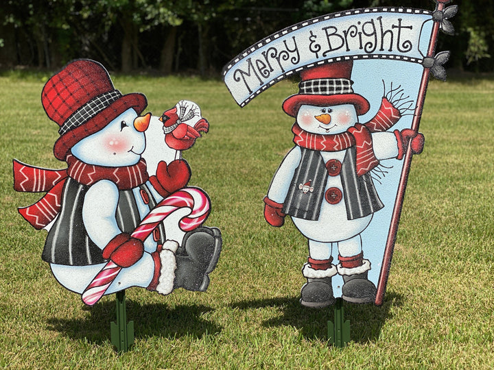 Sitting  Snowman with Merry and Bright Snowman Christmas Yard Art