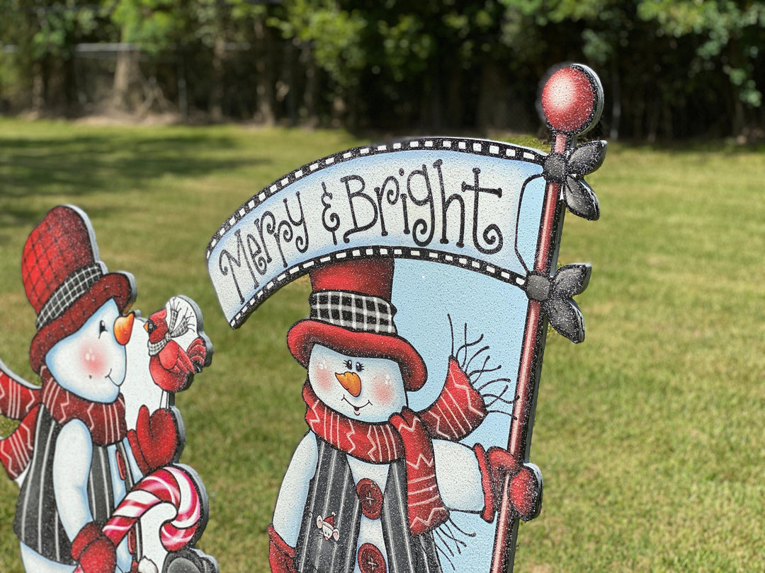 Sitting  Snowman with Merry and Bright Snowman Christmas Yard Art