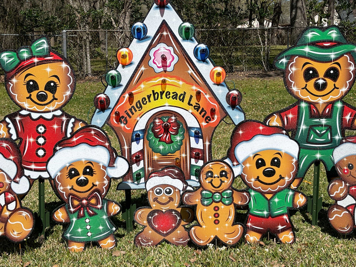 Christmas Yard Art Gingerbread Lane House with Ma,Pa, Kids , and babies-12PC Set